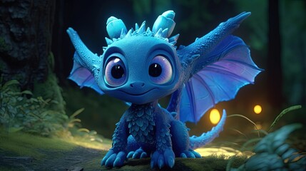 Enchanting Blue Dragon Cub in Tranquil Forest Generative AI