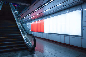 A subway passage with an escalator and a vibrant red illuminated wall creating a striking visual contrast