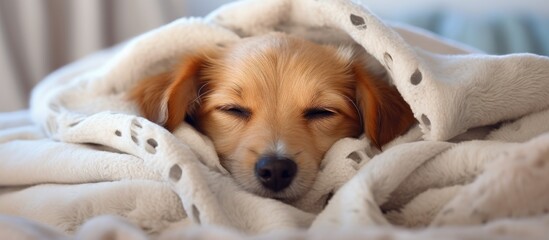 Dog sleeps cozy under blanket on bed