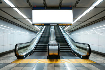 Contemporary subway station escalators with a digital display overhead, exuding urbanity - obrazy, fototapety, plakaty