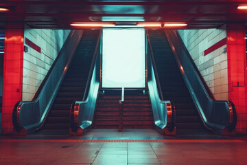 Striking neon flux over empty escalators in a subway station, hinting at nightlife burst
