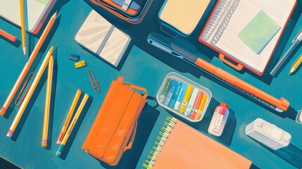 An organized layout of vibrant school supplies, including pencils, notebooks, and stationery on a blue desk. - obrazy, fototapety, plakaty