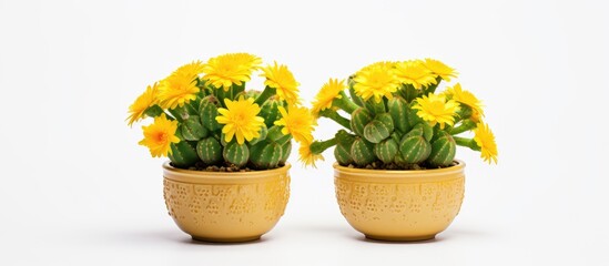 Yellow flowers in yellow pot on white background