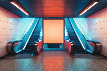 The warm neon glow invites commuters to an escalator within a futuristic subway system indicating warmth and direction