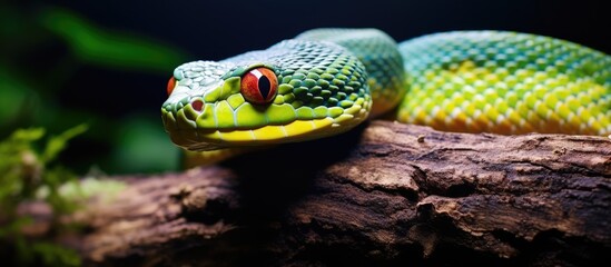Fototapeta premium A green snake with a striking red eye
