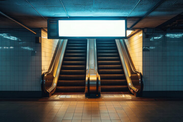 A dimly lit underground subway with a central escalator leading up to a brightly lit advertising billboard