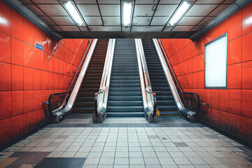 An eye-catching image showcasing a subway escalator flanked by bright red tiles that convey urgency and movement in urban life