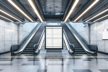 Contemporary design of an escalator flanked by visually captivating parallel ceiling lights in a modern subway station