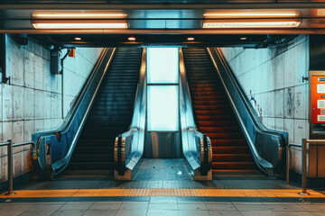 A center-focused photograph of an escalator with warm lighting, leading to a brightly lit area invoking a sense of discovery and exploration
