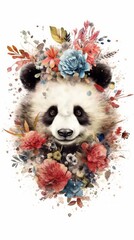 Whimsical Kaleidoscopic Panda Floral Illustration Generative AI