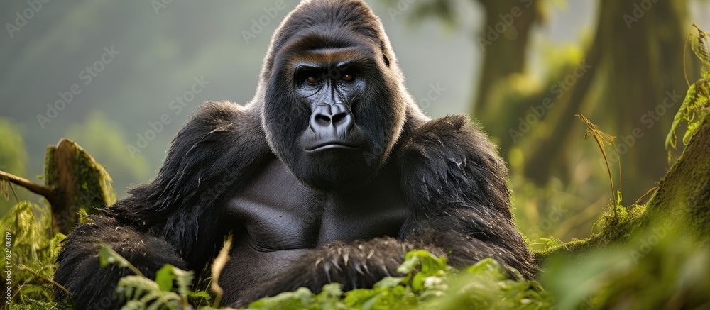 Poster gorilla resting in grass amidst trees