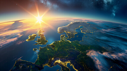 View from space of a sunrise over the UK and Europe
