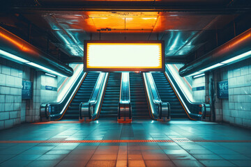 A deserted subway station with a brightly lit advertisement board creates a sense of mystery and solitude amidst urban life