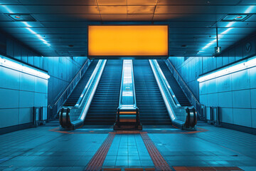 The escalators ascend to a glowing yellow billboard, highlighting the allure of consumerism in an empty subway station