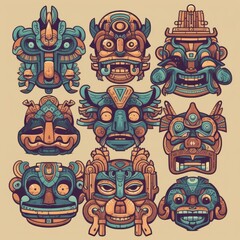 Vibrant Mayan Masks and Hawaiian Tiki Symbols Generative AI