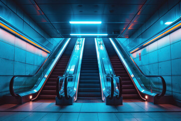 This image captures a symmetrical view of escalators in a subway, enhanced by neon blue lights and a futuristic atmosphere