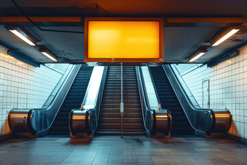 A warm yellow sign casts light on the escalator below, symbolizing information, warmth, and caution in transit - 782401512