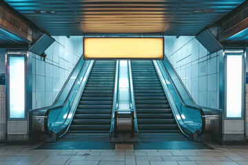 A pair of empty escalators lead up to a prominent yellow billboard inside a subway station, enhancing the visual appeal - 782401542