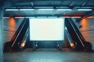 This image shows an entrance to a subway with a large blank advertisement space, framed by escalators and artificial light - 782401595