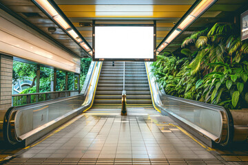 Escalator leading up to the exit in an eco-friendly subway station decorated with vibrant green plants