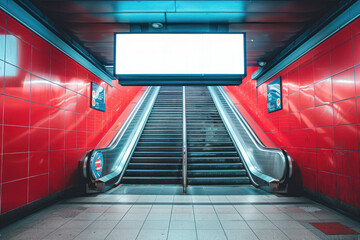 Blank advertising billboard on the red tiled wall of a subway station with an upwards leading escalator - obrazy, fototapety, plakaty