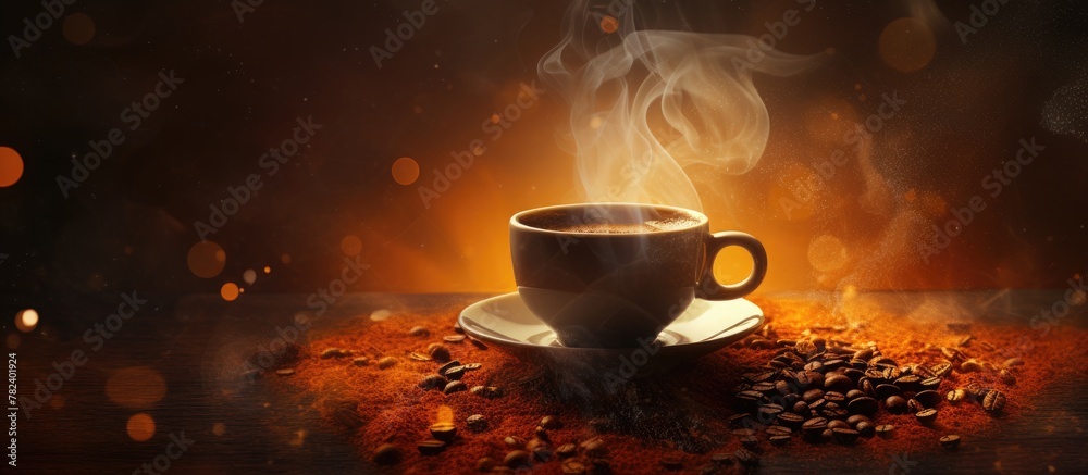 Poster a steaming cup of joe on a table