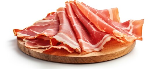 Close up of bacon on wooden plate