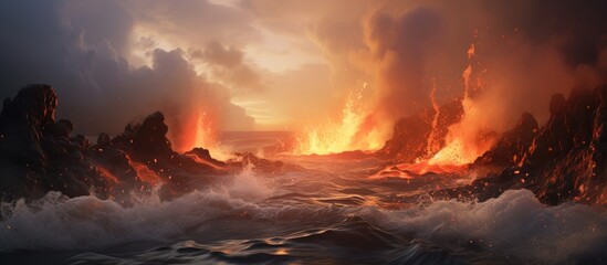 Lava flows into ocean with small streams - obrazy, fototapety, plakaty