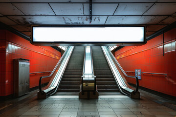 Moody atmospheric subway setting with an escalator leading to the platform, flanked by a striking red wall symbolizing depth and direction - 782401919