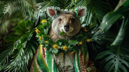 A charming wallaby is bedecked with a whimsical floral headpiece, peeking through lush green foliage, creating a playful and enchanting portrait amidst nature. - obrazy, fototapety, plakaty