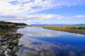 The Applecross River entering the Applecross Bay to Isle of Raasay and the Cuillins on the Isle of Skye, Scotland, UK
