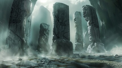 Enter a realm of ancient mysticism, where towering stone monoliths stand amidst a swirling mist, their weathered surfaces etched with ancient symbols and carvings. - obrazy, fototapety, plakaty