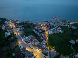 Aerial drone view od roda beach in north corfu Greece by night