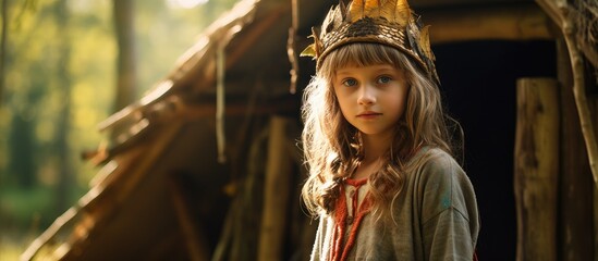 Young child in tribal headwear, girl by woodland dwelling in vintage style