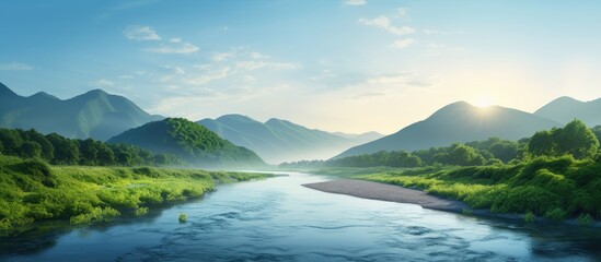 A river flows through a green valley