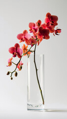A single graceful red orchid flower in a clear glass vase set against a crisp white background. Elegant home decor