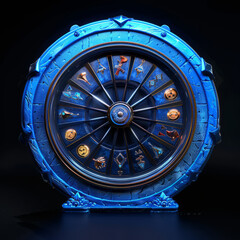 Blue ornate zodiac wheel with symbols