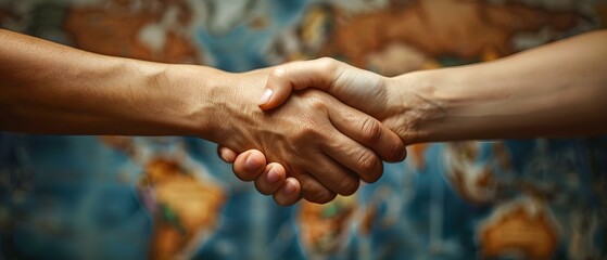 Global Unity for Climate Progress: Handshake Over World Map. Concept World Peace, Environmental Conservation, Diversity in Unity - obrazy, fototapety, plakaty