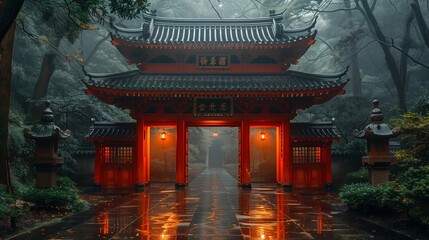 A red gate in a forest, rain, Chinese architecture