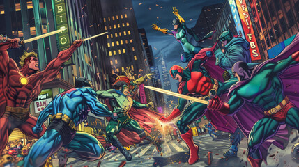 Superheroes in epic city center duel.
