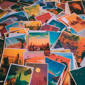 Different postcards full of colorful stickers, - pile of cute nature scenery pictures