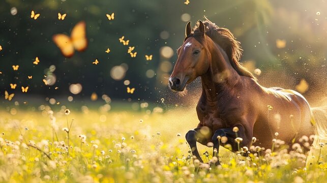 Fototapeta A majestic horse gallops freely in a field of dandelions with butterflies fluttering around, bathed in the golden light of sunset.