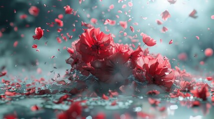 Radiant Red Floral Explosion in Ethereal Atmosphere