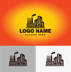 Obraz premium Factory building logo icon industrial manufacturing construction energy firm tower icon vector for business app silhouette Factory logo template