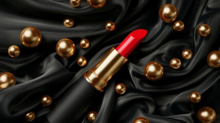 An advertisement for lipsticks, cosmetics, and make-up products on a black silk fabric background with gold pearls. Luxury advertisement for magazines.