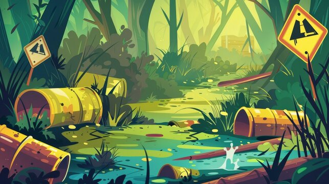 A modern illustration of a dirty swamp with a wastewater pipe, toxic waste barrels, and warning signs. Forest and marsh with trash and pollution.
