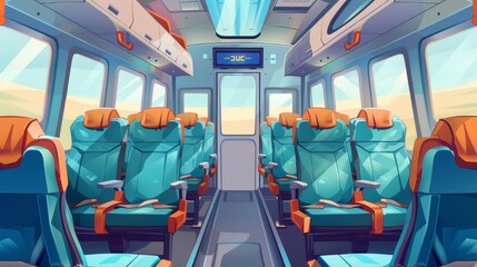 The interior of an empty bus, train, or airplane with chairs and folding back seats. This modern illustration depicts the interior of a passenger carriage with a digital display, food, alcohol, and