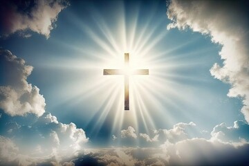 Fototapeta premium Reverent Christian Easter Scene with Cross, Praying Jesus, and Radiant Glory Generative AI