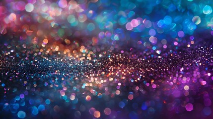 Abstract glitter background in a galaxy-inspired palette, blending vibrant colors with the twinkling effect of stars, deep purples, blues, and glittering silvers