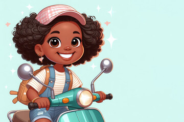 A girl rides a scooter on a light background. Space for text.